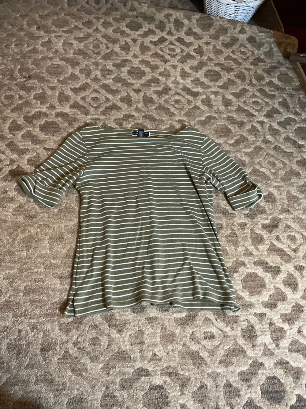 Karen Scott Olive Green and White Striped Boatneck Top